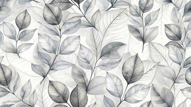 soft watercolor leaves pattern, delicate gray monochrome palette Vector background 