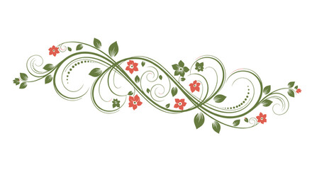Elegant floral flourish with swirling vines and small red flowers decorating the center.