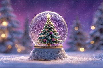 Illuminated miniature evergreen tree rests inside a decorative glass sphere covered with falling powder against a soft twilight background