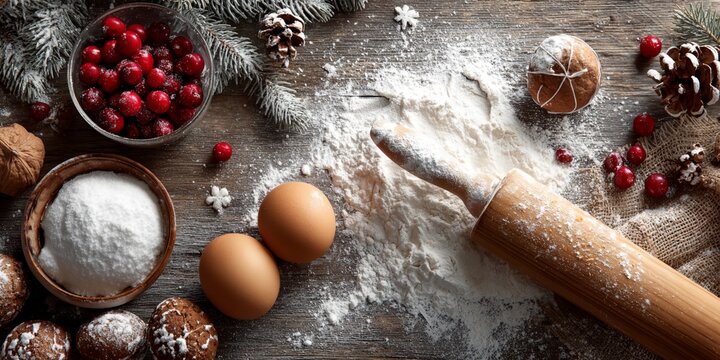 Wooden rolling pin sits on a table with a bowl of flour, a bowl of sugar
