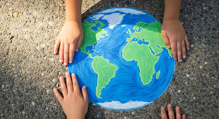 Children s hands surrounding a colorful drawing of the earth with chalk on pavement.
