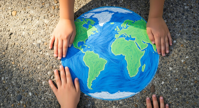 Children s hands surrounding a colorful drawing of the earth with chalk on pavement.