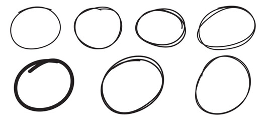 Set of hand-drawn scribble ovals and circles, marker highlight frames, isolated on transparent background