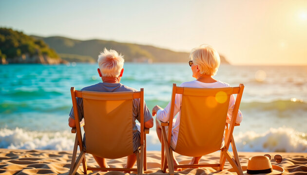 Elderly couple relaxing on beach chairs by the ocean at sunset  