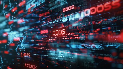 Digital representation of a DDoS attack with red and blue data streams. Text elements include 'DDoS' and 'Attack'.