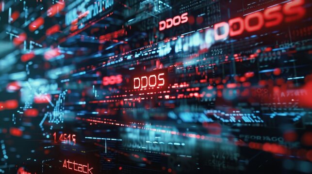 Digital representation of a DDoS attack with red and blue data streams. Text elements include 'DDoS' and 'Attack'.