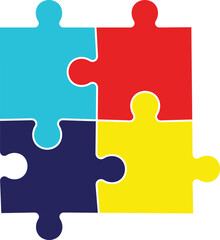Four interlocking puzzle pieces bright blue red yellow navy connection jigsaw teamwork