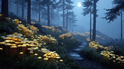 Enchanting forest path illuminated by glowing golden mushrooms under moonlight, creating mystical atmosphere through misty pine trees in surreal nighttime woodland scene