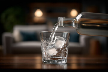 The "sober curious" trend. A non-alcoholic spirit is poured into an elegant glass in a dark, moody living room, creating a "low-dopamine" wellness ritual.