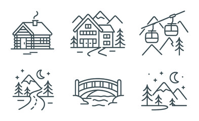 Fototapeta premium Minimalist mountain retreat icons: cabin, lodge, gondola, bridge, night sky