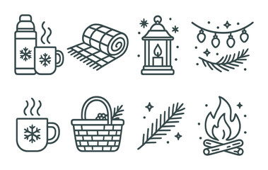 Fototapeta premium Cozy winter icons with thermos, mug, blanket, lantern, string lights, picnic basket, and campfire