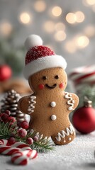 Playful gingerbread man cookie wearing red santa hat on snowy table