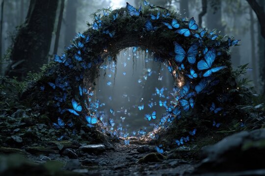 Portal of illuminated butterflies in a dense Forest creating a magical Scene with glowing light and old steps leading toward the entrance