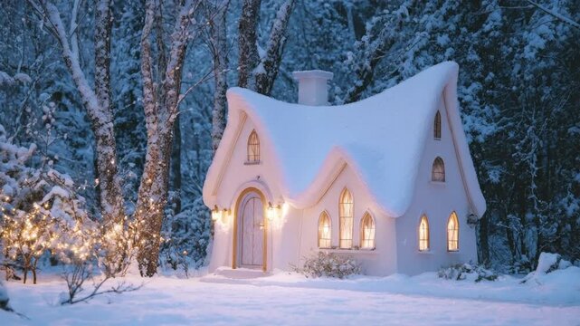 A mesmerizing winter scene showcases a whimsical, snow-covered cottage nestled deep within a frosted forest. The charming house glows warmly from within, its arched windows radiating a cozy light, bea