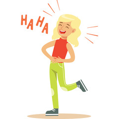 Joyful Young Woman Laughing Heartily Outdoors Wearing Green Pants and Red Sleeveless Top with Blonde Hair and a Transparent Background