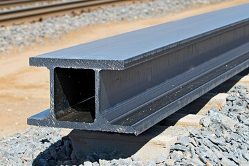 A close-up of a black steel I-beam, textured on the surface, placed horizontally beside the rails; suitable for railway construction and industrial applications