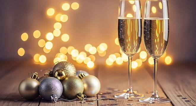 Two champagne flutes filled with bubbly drink and christmas ornaments on a wooden table with bokeh lights - Powered by Adobe