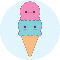 Kawaii cartoon ice cream cone with pink and teal scoops on a light blue circle background