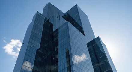 Obraz premium Modern High-Rise Office Building in Urban Skyline with Reflective Glass Facade and Clear Blue Sky