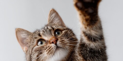 Curious cat reaching out in playful gesture indoors in soft lighting