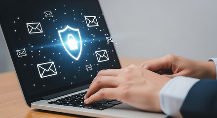 Person typing on laptop keyboard showing a shield with a lock and envelope icons symbolizing email security and data protection