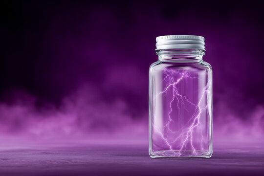 Captivating glass vial containing vibrant lightning bolts symbolizing raw energy captured, innovation, and powerful scientific discovery against a mystical purple backdrop