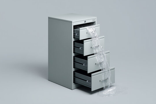 Surreal concept of a filing cabinet overflowing with water, symbolizing data loss or overwhelming information in a modern office setting.