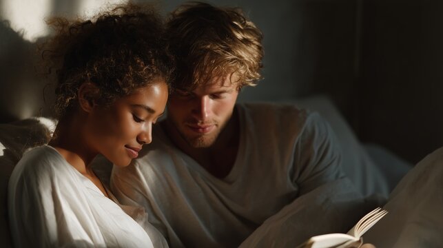 Couple enjoying quiet time together while reading in soft morning light - Powered by Adobe