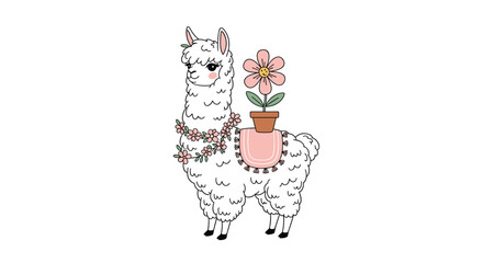 Obraz premium A cute llama with a flower in a pot on its back wearing an apron.