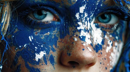 Close-up portrait of young woman with blue and white paint splatters on face and body, showing striking blue eyes and lips