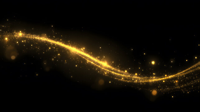 Golden light wave with glowing particles. Smooth abstract shine curve on dark background.
