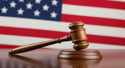 Gavel on Desk with United States Flag in Background - Symbol of Justice and Law