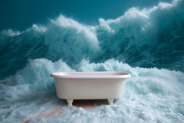 Serene bathtub awaits amidst a dramatic ocean wave, offering a surreal escape for ultimate relaxation and tranquility.