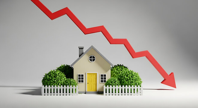 Miniature house with a red downward arrow symbolizing the decline in real estate market value.