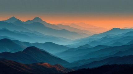 Layered mountain range silhouette at sunrise, showcasing soft orange and blue colors and a high-quality realistic view of the landscape