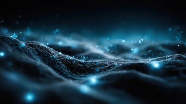 An undulating, textured surface with glowing blue orbs and bokeh against a dark backdrop