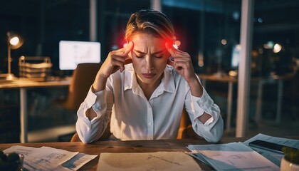 Woman suffering from headache at work late at night stress burnout fatigue migraine pain focus