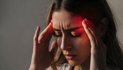 Fototapeta premium Woman suffering from headache migraine stress pain touching head health problem concept image