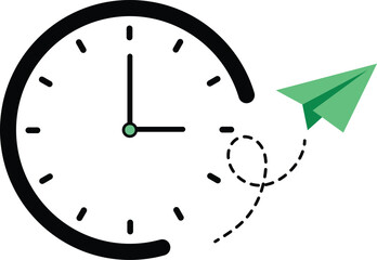 Black clock with green paper airplane flying on dashed line time