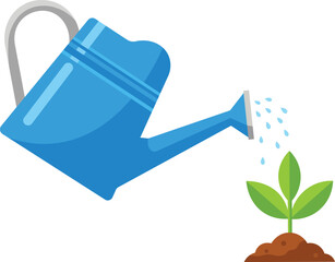 Blue watering can showering water on a small green seedling in brown soil pouring plant
