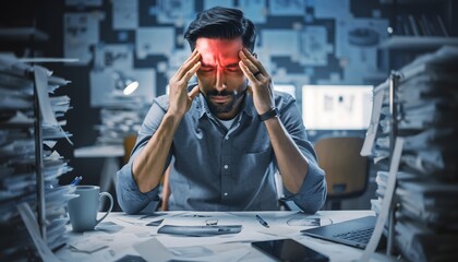 Stressed overworked businessman with headache at office concept for mental health issues