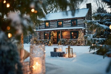 Cozy wooden cabin adorned with festive lights sits amidst a snowy winter landscape