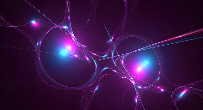 Futuristic visualization of a neural network or quantum entanglement with glowing blue and pink nodes on a dark purple background