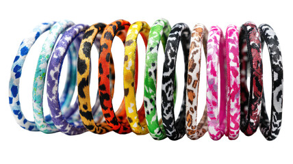 Stack of vibrant animal-print, glossy bangles lined up