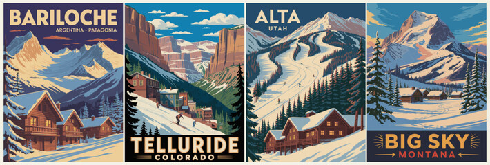 Vintage-style travel poster set of four mountain destinations—Bariloche, Telluride, Alta, Big Sky—with snow-covered cabins, ski slopes, pine trees, and stylized winter landscapes.