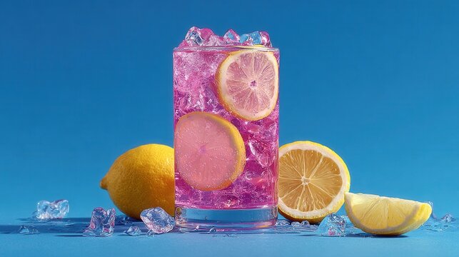 Refreshing pink lemonade in glass with ice and lemon slices sits against bright blue background, invigorating summertime cool beverage - Powered by Adobe