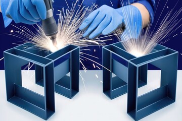 Blue-gloved person welding black metal cubes with sparks on white and navy blue background for industrial and engineering use