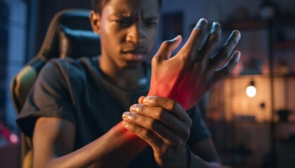 Wrist pain from gaming young man with carpal tunnel syndrome and repetitive strain injury problem