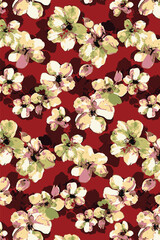 Abstract solid vector textile design, arrangement with a medium multicolor hibiscus silhouette flowers, all-over seamless pattern with red and green tone illustration, digital image printing factory