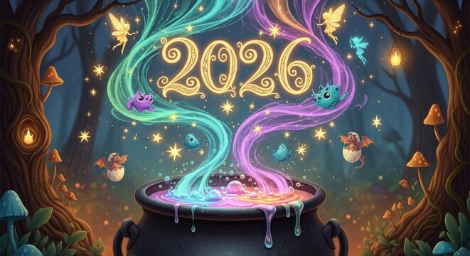 Magical Crystal Cauldron Illustration for 2026 with Enchanted Fairies Dragons Starry Forest